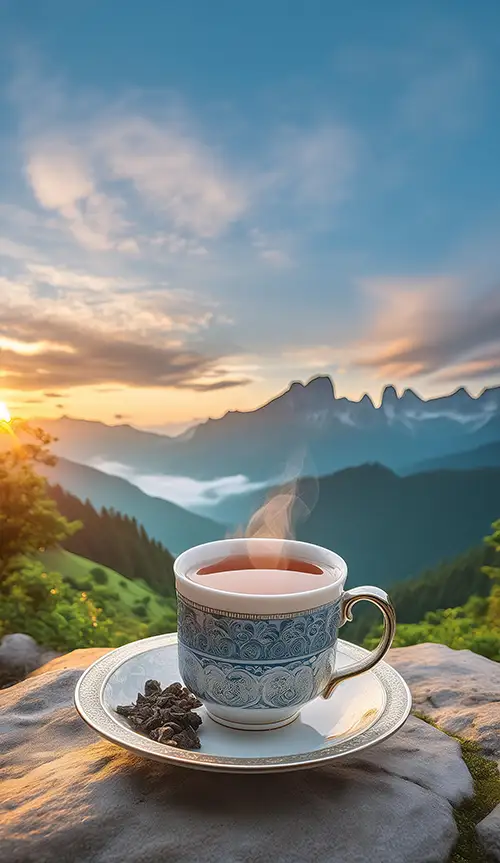 A cup of tea on a tray with beautiful background
