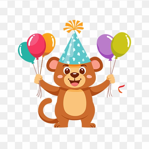 Birthday party composition with cute jumping bear png image