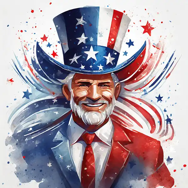 Painting of a man with a beard and a top hat USA Flag color 4 july