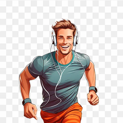 Smiling Man Running while listening to music using earphones free png