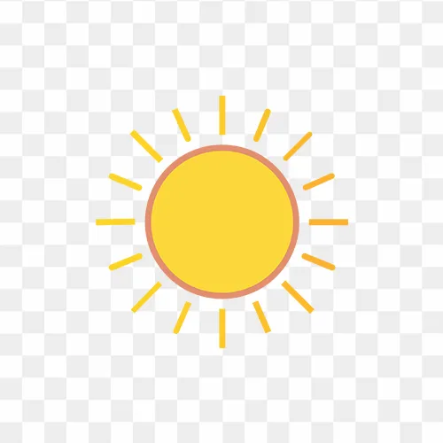 Minimal flat sun icon with yellow rays on transparent background